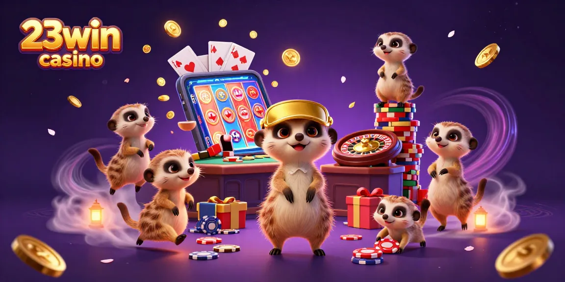Experience exciting gaming with 23win casino's meerkat-themed vibrant casino illustration.