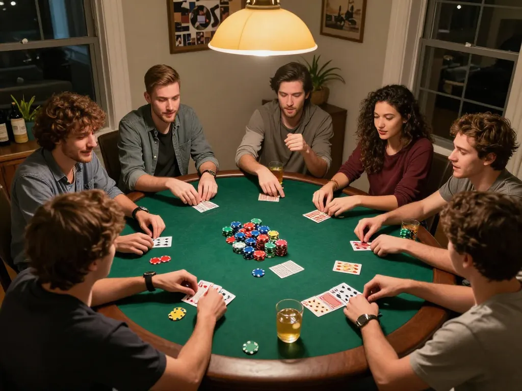 Friends playing poker at home, highlighting f168.osaka's fun gaming atmosphere and social interaction
