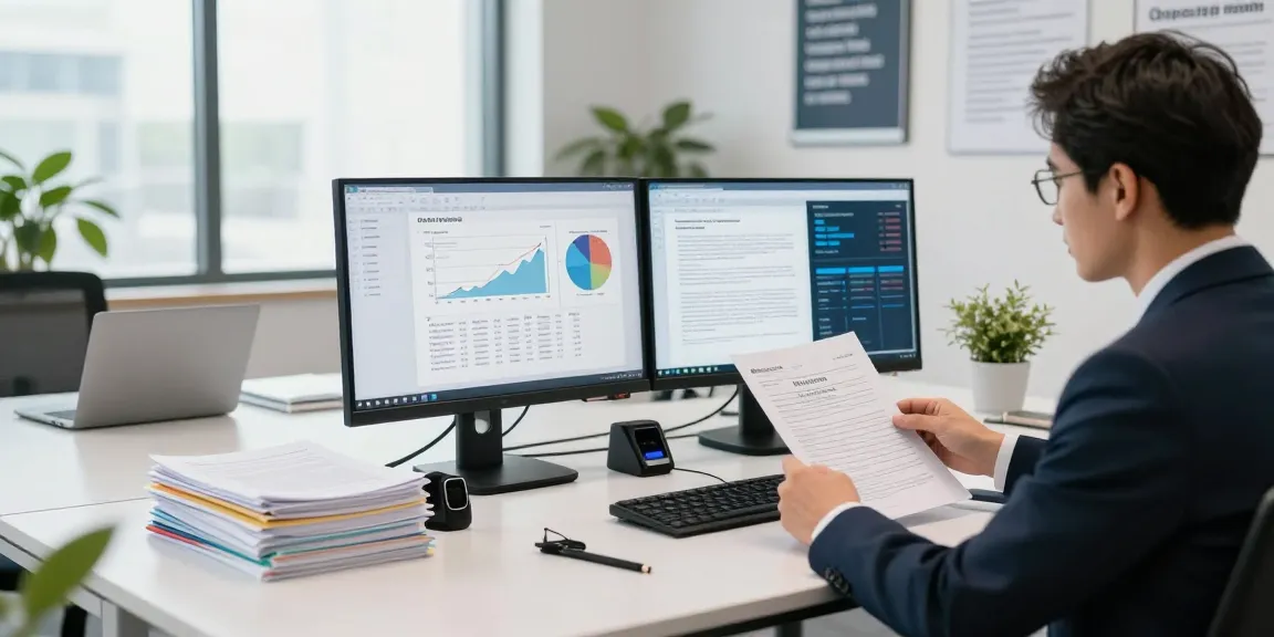 Office scene depicting document fraud detection analysis with monitors and security tools.
