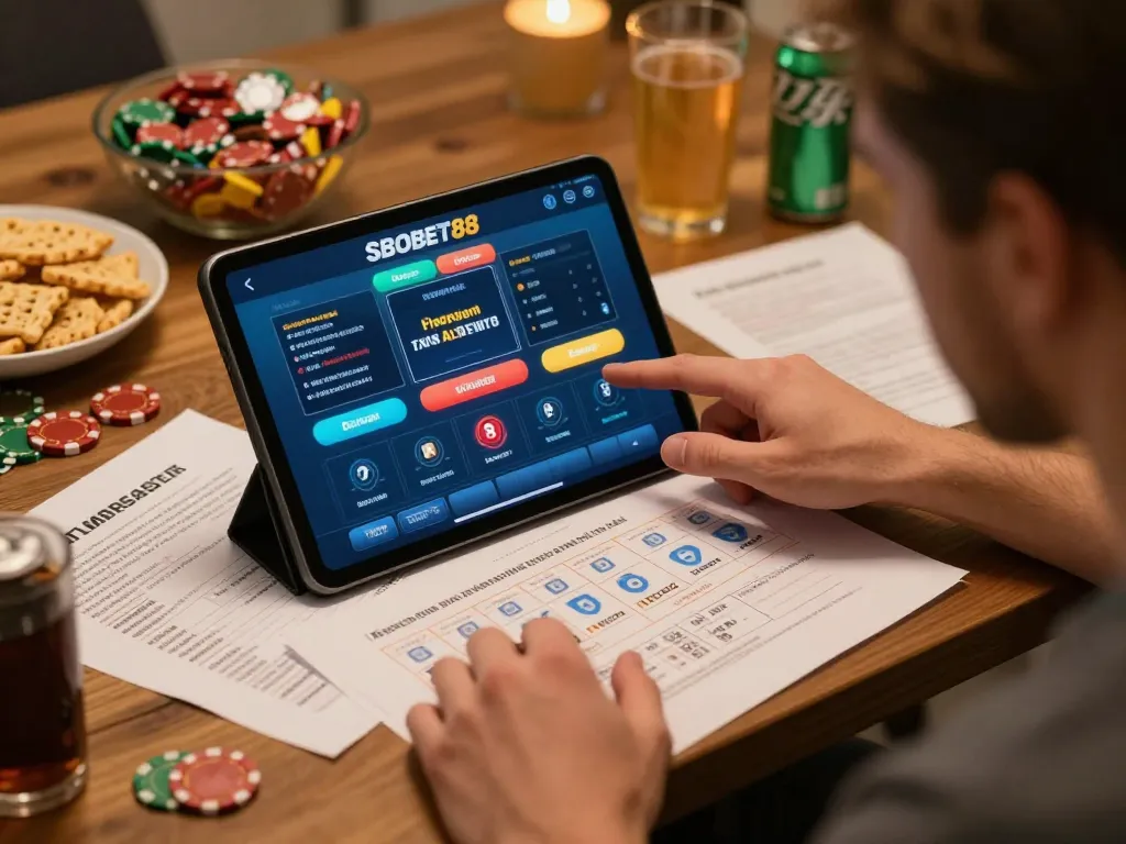 Petaruh online SBOBET88 yang aktif memasang taruhan di tablet mereka dalam suasana rumah yang nyaman.