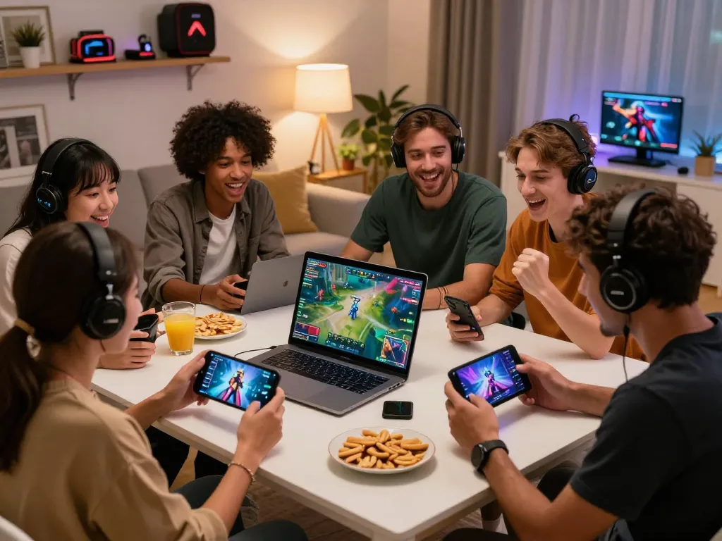 Exciting multiplayer gaming moment at https://789clubweb.com/ with friends enjoying snacks and vibrant graphics.