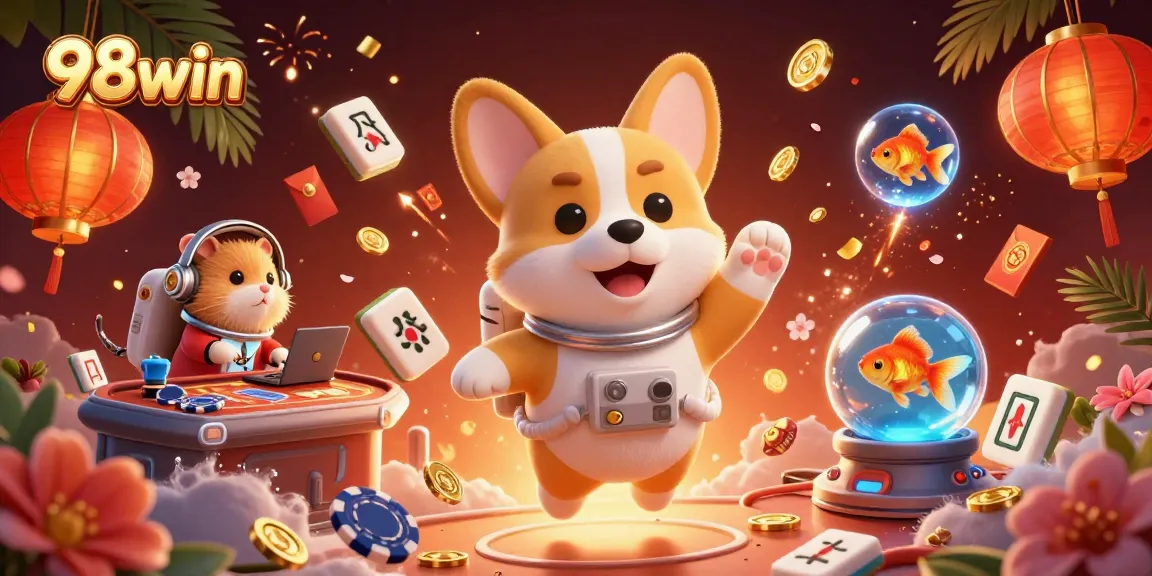 Engage with 98win's fun space-themed casino adventure featuring playful characters and vibrant elements.