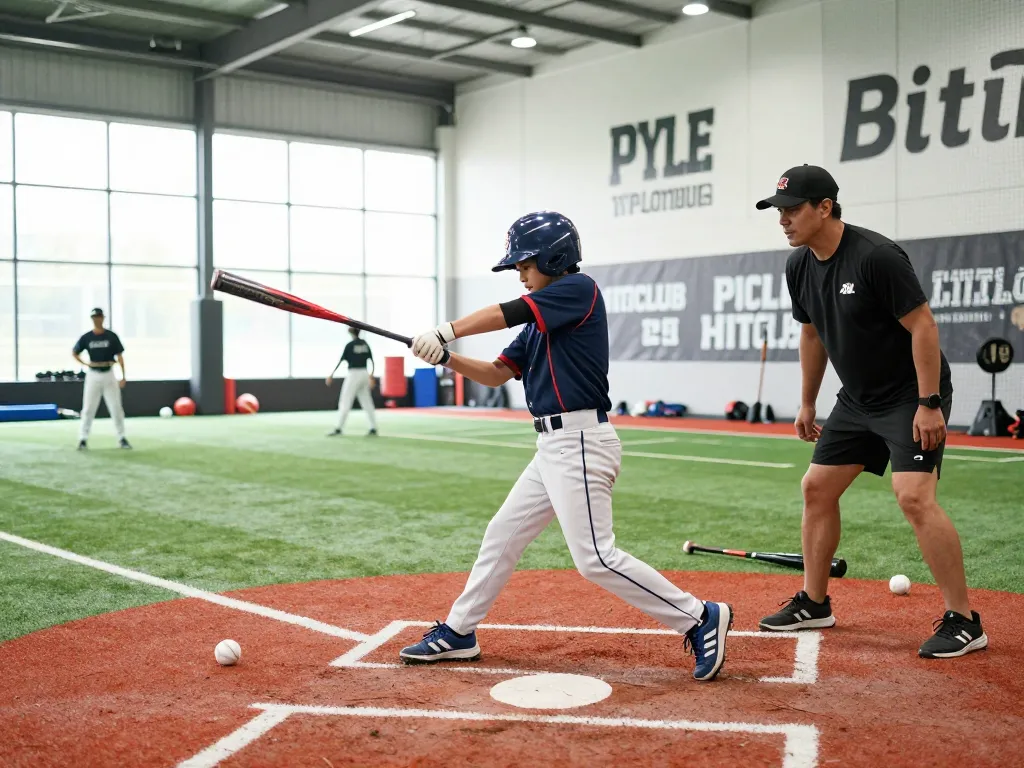 Young athlete training at hitclub indoor baseball facility with focused technique and coaching.