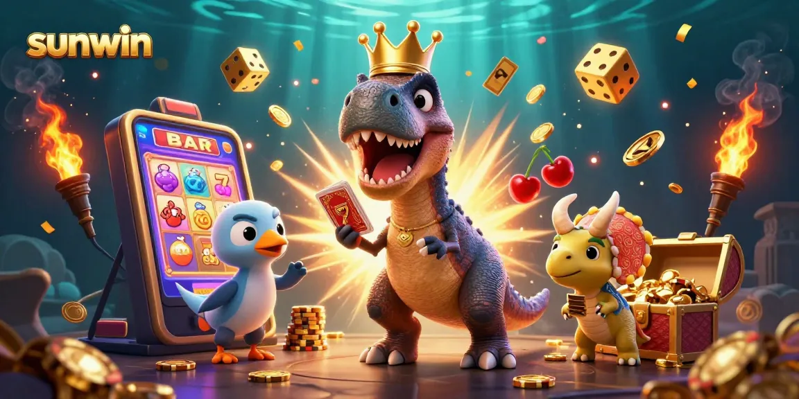 Experience sunwin with a dynamic 3D illustration of casino fun featuring a playful T-Rex, a pterodactyl, and triceratops.