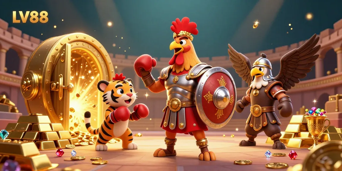 Engage with LV88's vibrant gaming world featuring a cartoon rooster in a colosseum surrounded by treasure.