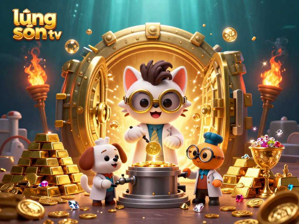 Lương Sơn TV showcases lively scenes of gold coin creation, surrounded by riches in an animated lab.