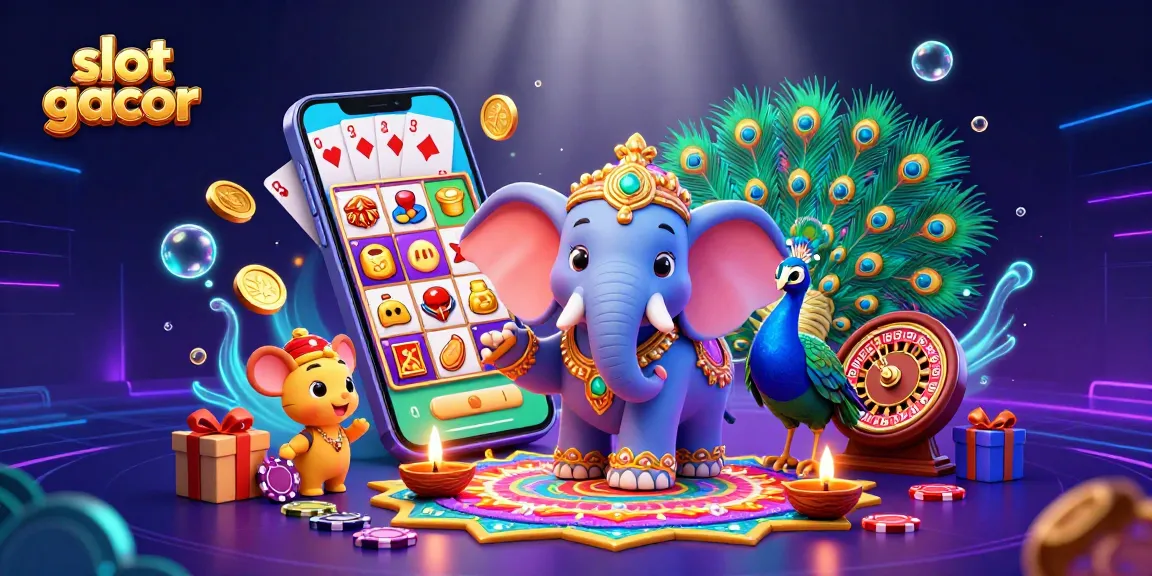 Engage with slot gacor gameplay featuring an elephant, peacock, vibrant graphics, and casino elements.