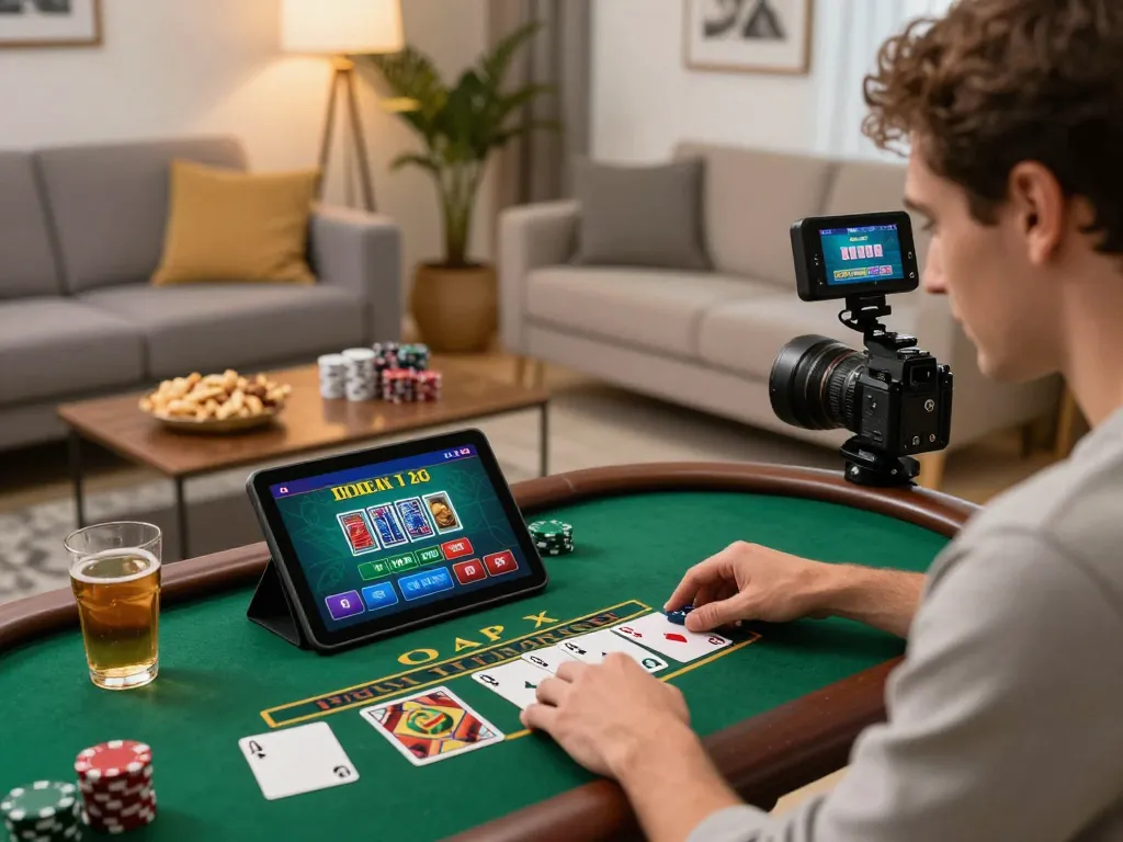 Engaging with F168 live dealer blackjack on a tablet in a cozy home setting