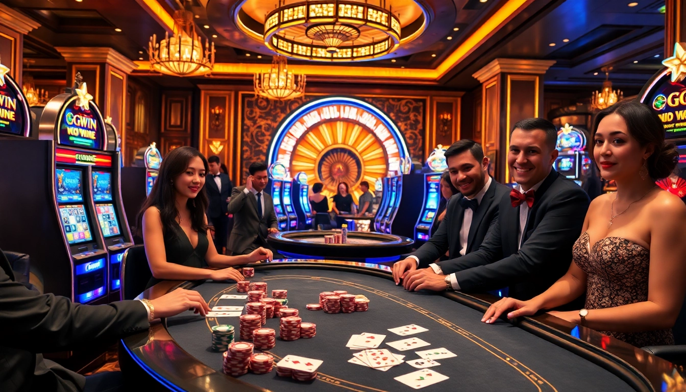 Experience high-stakes excitement at ggwin.bio with luxury casino gaming tables and vibrant slot machines.