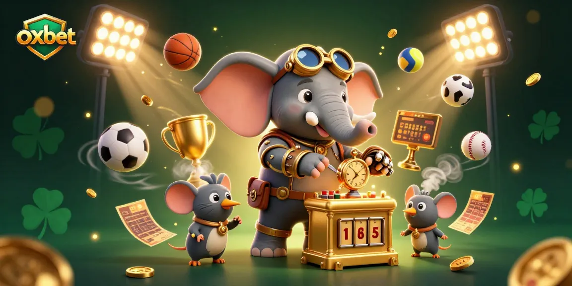 Experience the thrill of oxbet with a steampunk elephant managing a golden slot machine, surrounded by sports elements.