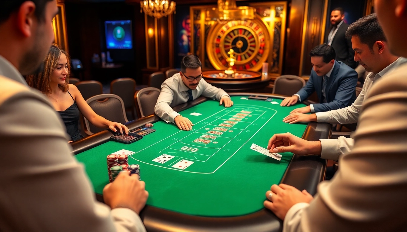 Players strategizing their bets at a blackjack table in a luxurious 98win casino setting.