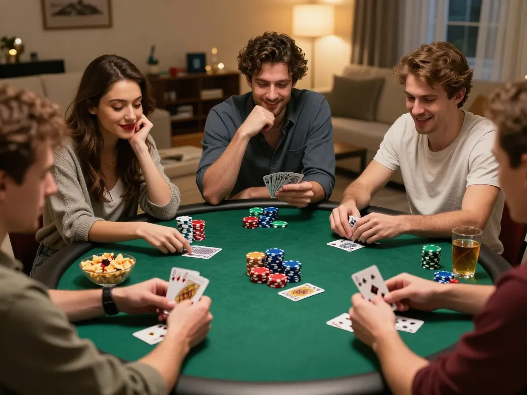 Engaging poker night at home with friends, link lc88 to enhance strategic gameplay.
