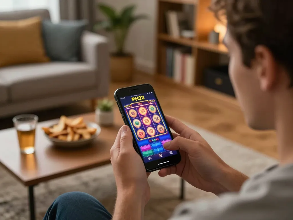 Player enjoying PH22 online casino slots on smartphone in a cozy home environment.