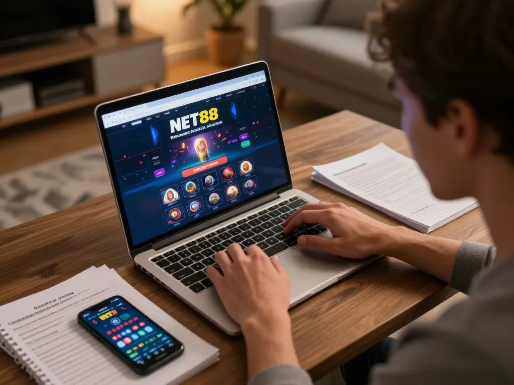 Engaging online gaming scene showing a person playing at NET88 while practicing responsible gambling.