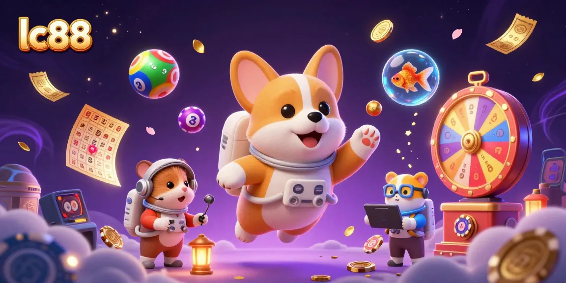 Experience excitement at lc88 with a vibrant casino illustration featuring playful astronauts and lottery elements.