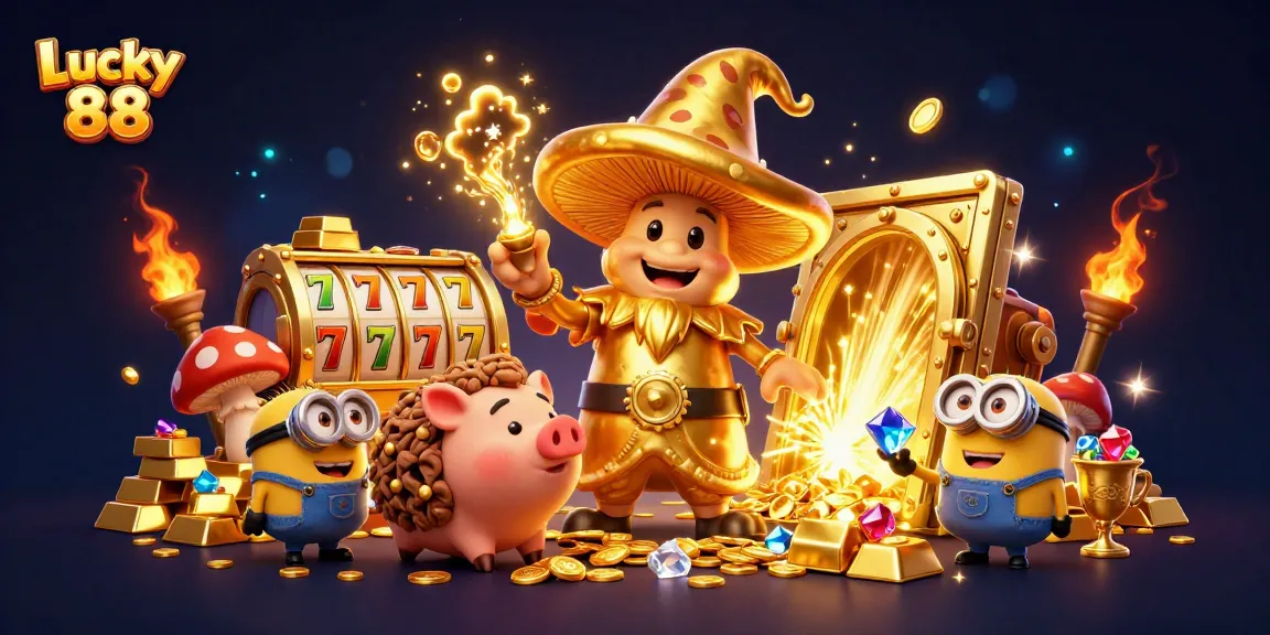 Engage with Lucky 88's slot reels and magical treasures in this vibrant 3D illustration.