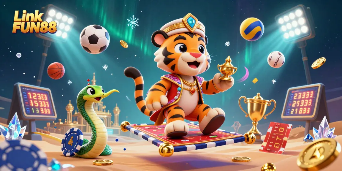 Experience the excitement of Link FUN88 with thrilling sports betting and casino games in a vibrant 3D illustration.