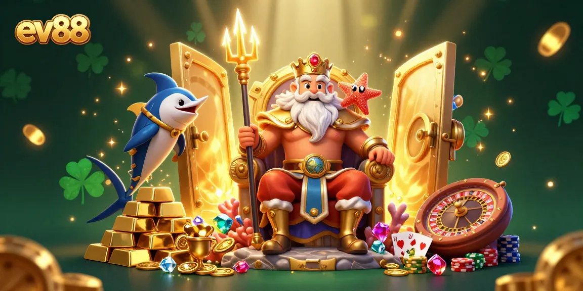 Engage with the magical ev88 gaming world featuring Neptune and treasure elements in an enchanting casino scene.