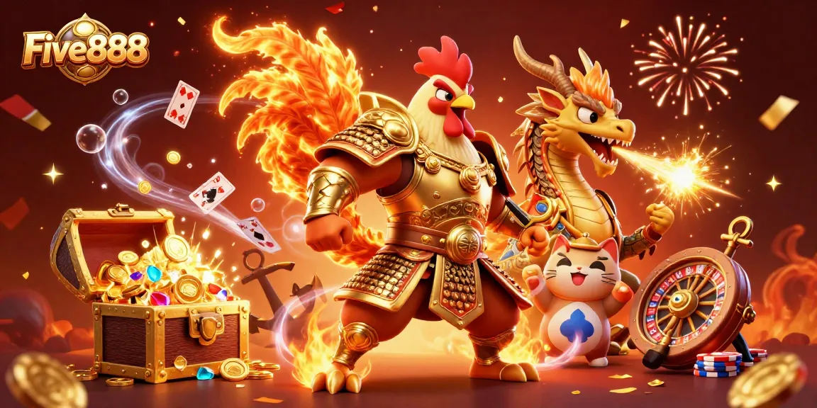 Win exciting rewards at Five888 with vibrant characters and dynamic gambling elements in the scene.