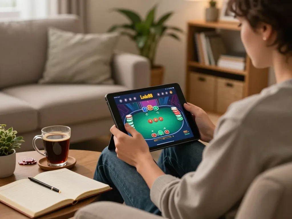 Engaging in online poker on Lode88 from a comfortable home setup with a tablet.