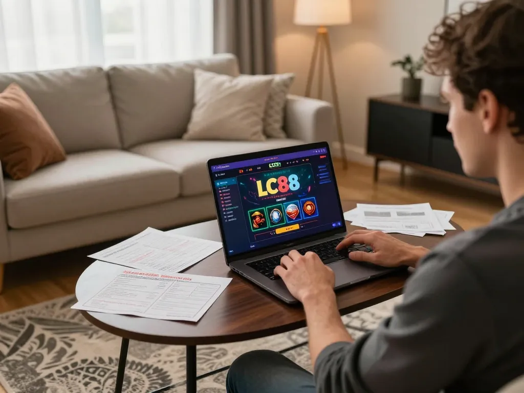 Player interacting with the LC88 online gaming interface at home, cozy and relaxed atmosphere