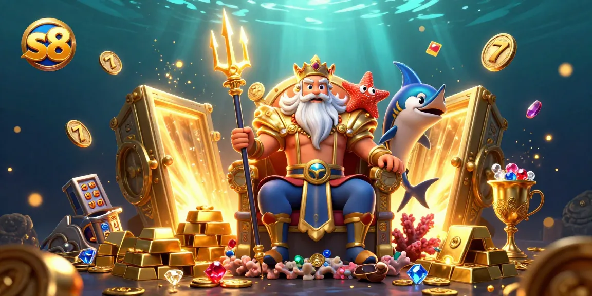 Experience the thrill at s8 casino surrounded by golden treasures, slot reels, and mystical sea creatures.