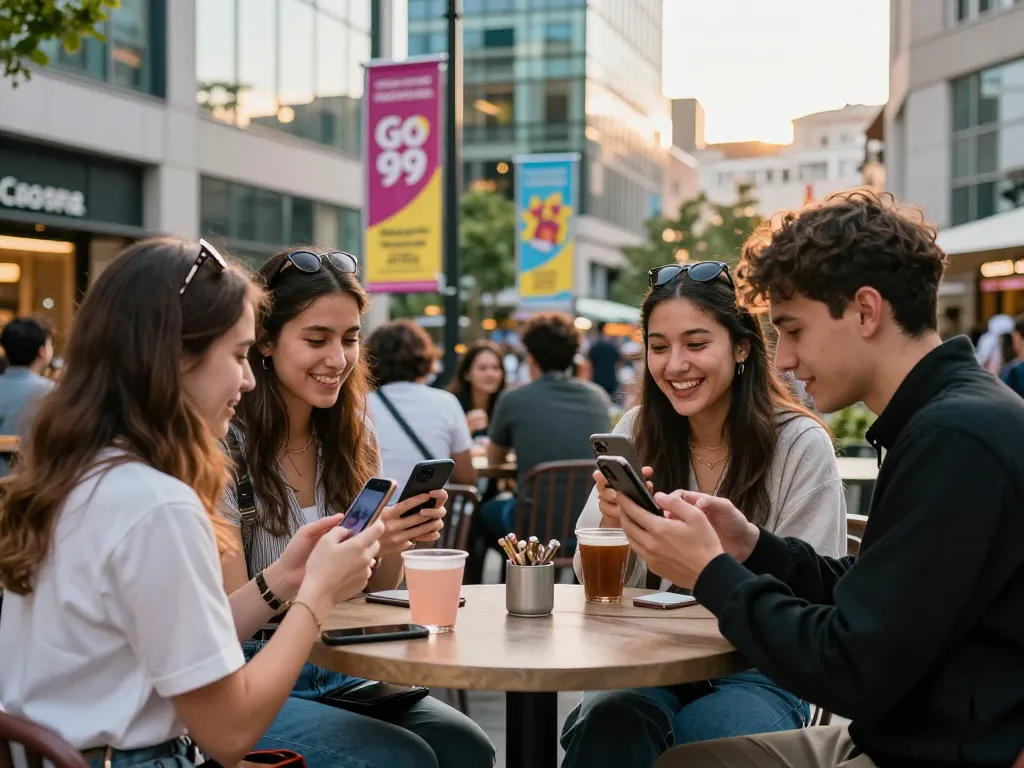 Engaging urban café scene featuring friends enjoying Go 99 mobile discounts.