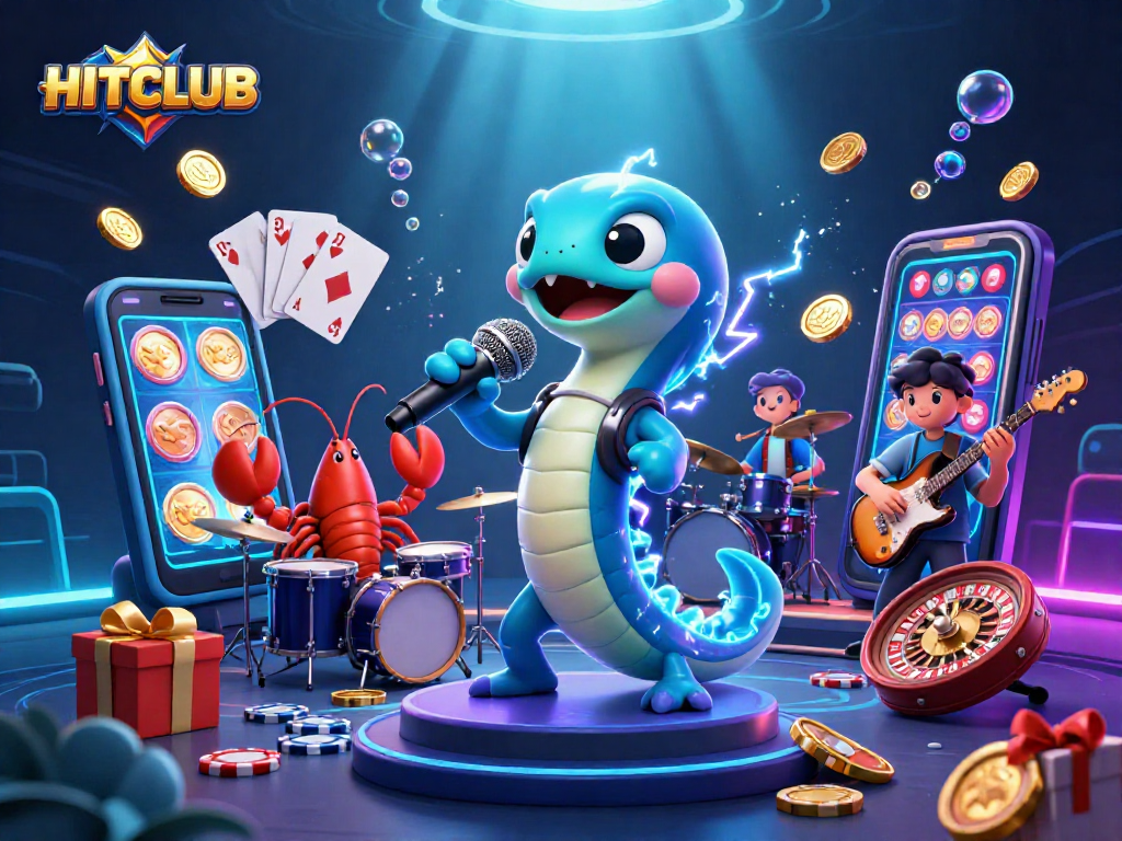 HITCLUB showcases an electrifying underwater casino scene featuring a DJ eel and vibrant game elements.