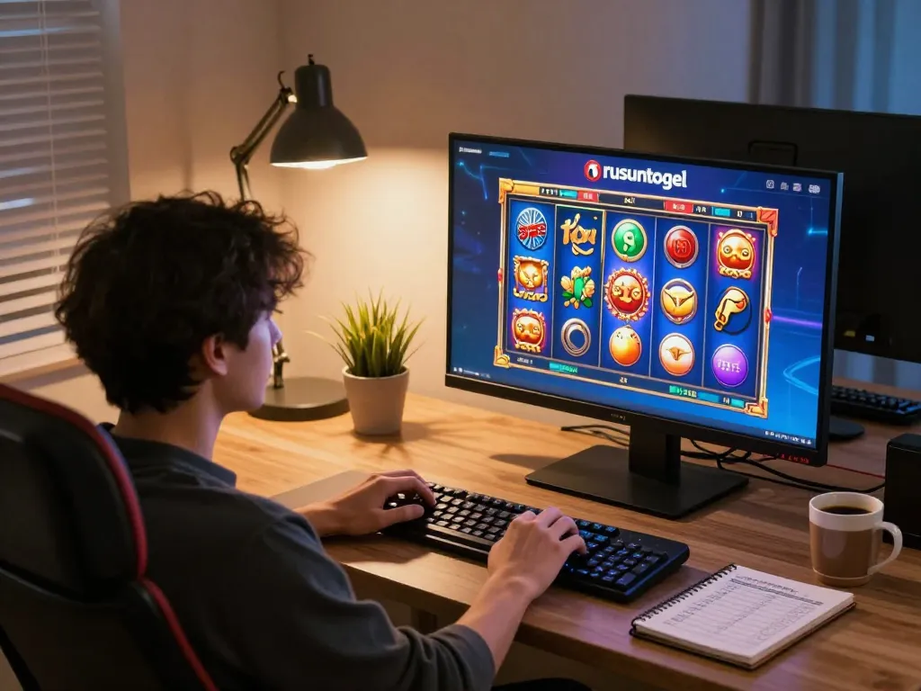 Engaging in rusuntogel online slot game with vibrant visuals on tablet, cozy gaming setup atmosphere