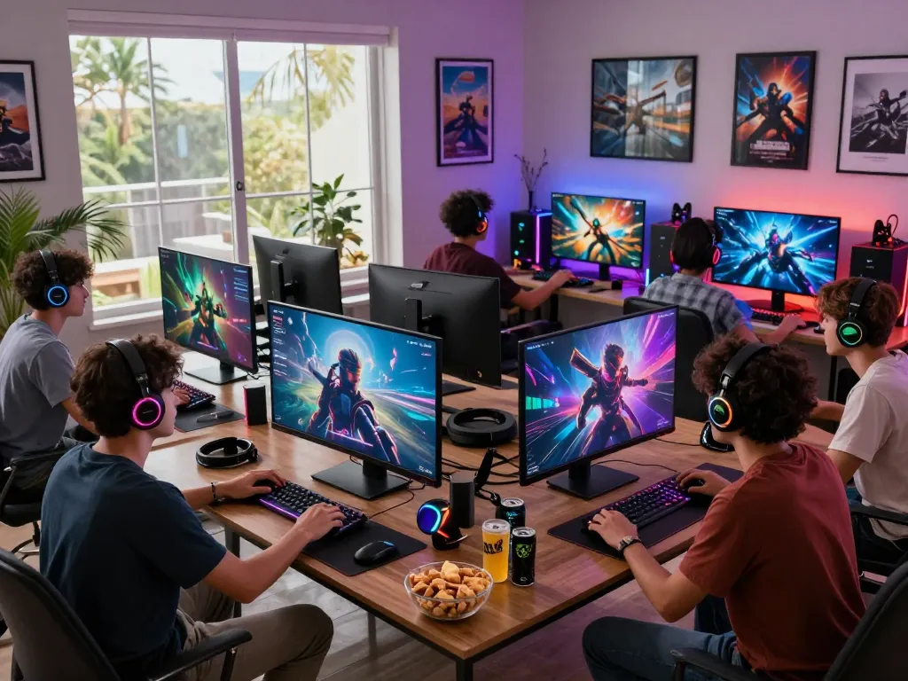 Vibrant gaming scene with friends enjoying multiplayer action on https://rikviprent.com, showcasing modern gaming setup and energetic atmosphere.
