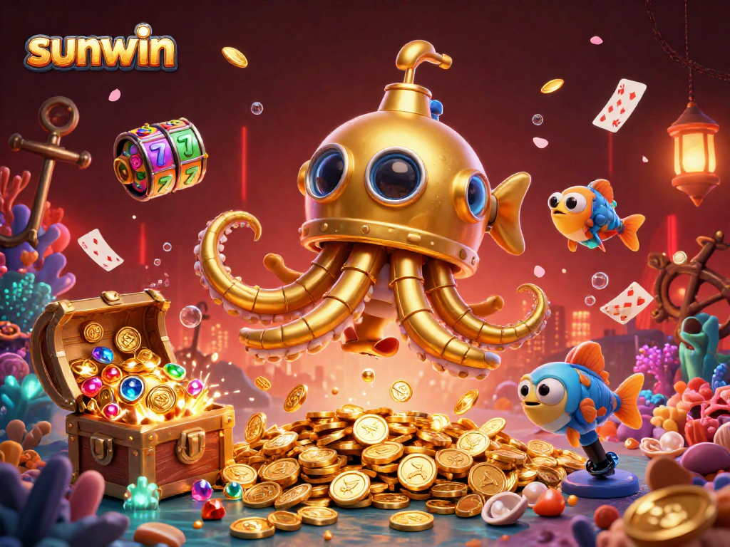 Engage with sunwin's vibrant slot gameplay illustrated by a golden kraken submarine and colorful elements.