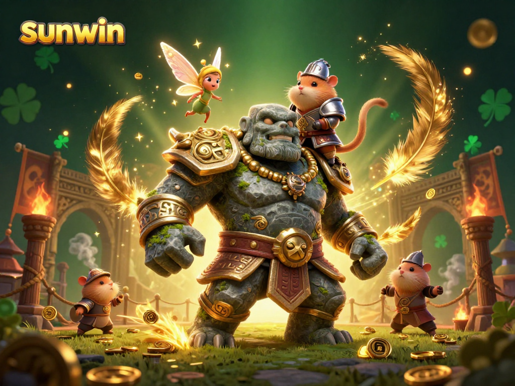 Experience winning strategies with sunwin in a vibrant, magical casino backdrop featuring a golem guardian, fairy, and hamster knight.