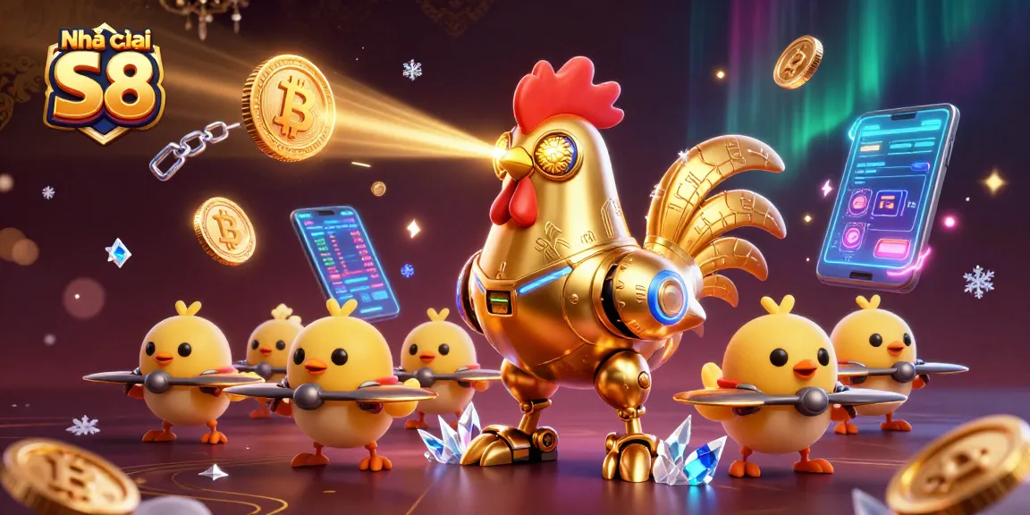 Experience thrilling gameplay at Nhà cái S8 with dynamic 3D illustration of casino elements and a futuristic golden rooster robot.