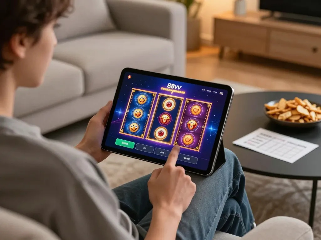 Player enjoying the 88vv casino app on a cozy sofa, showcasing online gaming excitement
