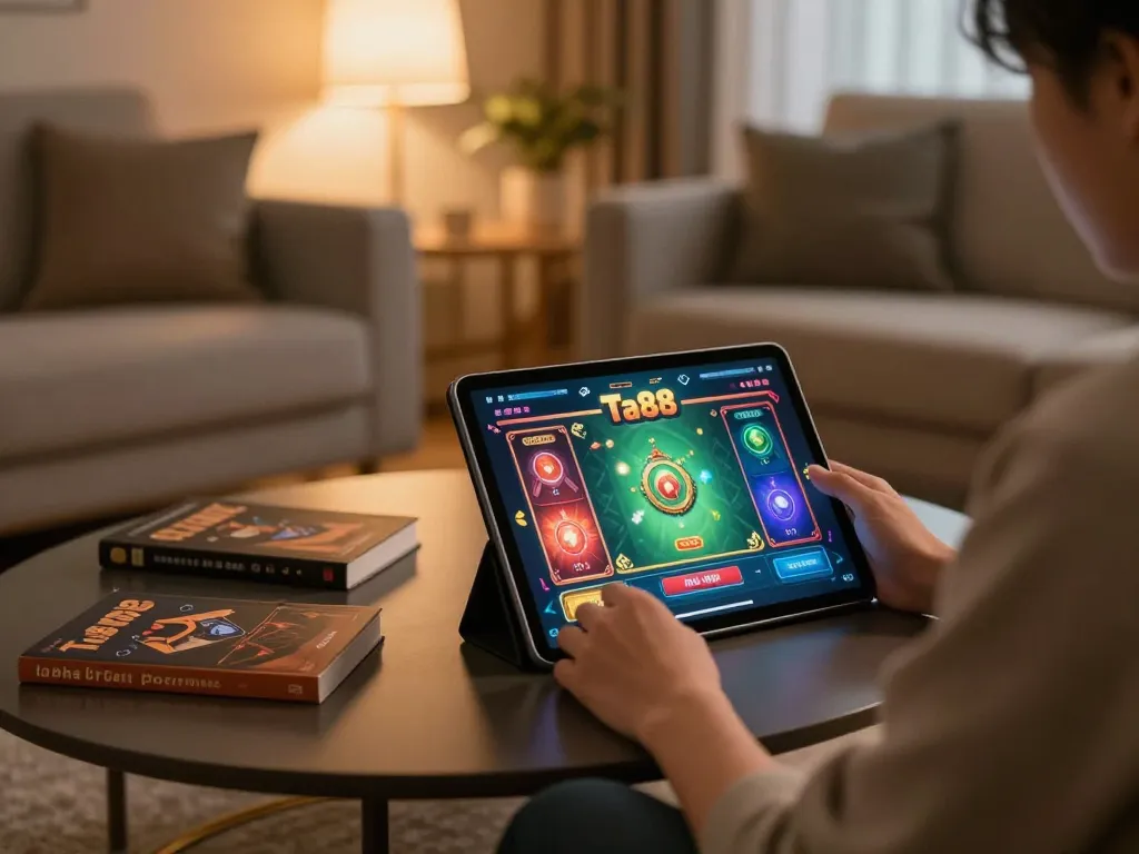 Online gaming with Nhà cái Ta88 app, showcasing a cozy home atmosphere for responsible gambling