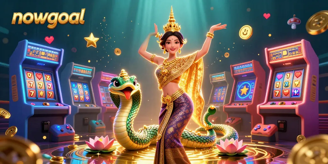 Engage with nowgoal's thrilling slot games accompanied by an Asian dancer and a vibrant Naga serpent.