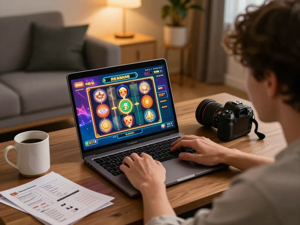 Engaging with online gaming at https://nk88net.com/ while enjoying a relaxed atmosphere with a vibrant slot game.