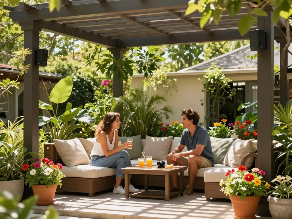 A couple enjoying a sunny day under a configuratore pergola online designed outdoor space with vibrant greenery and cozy furnishings.