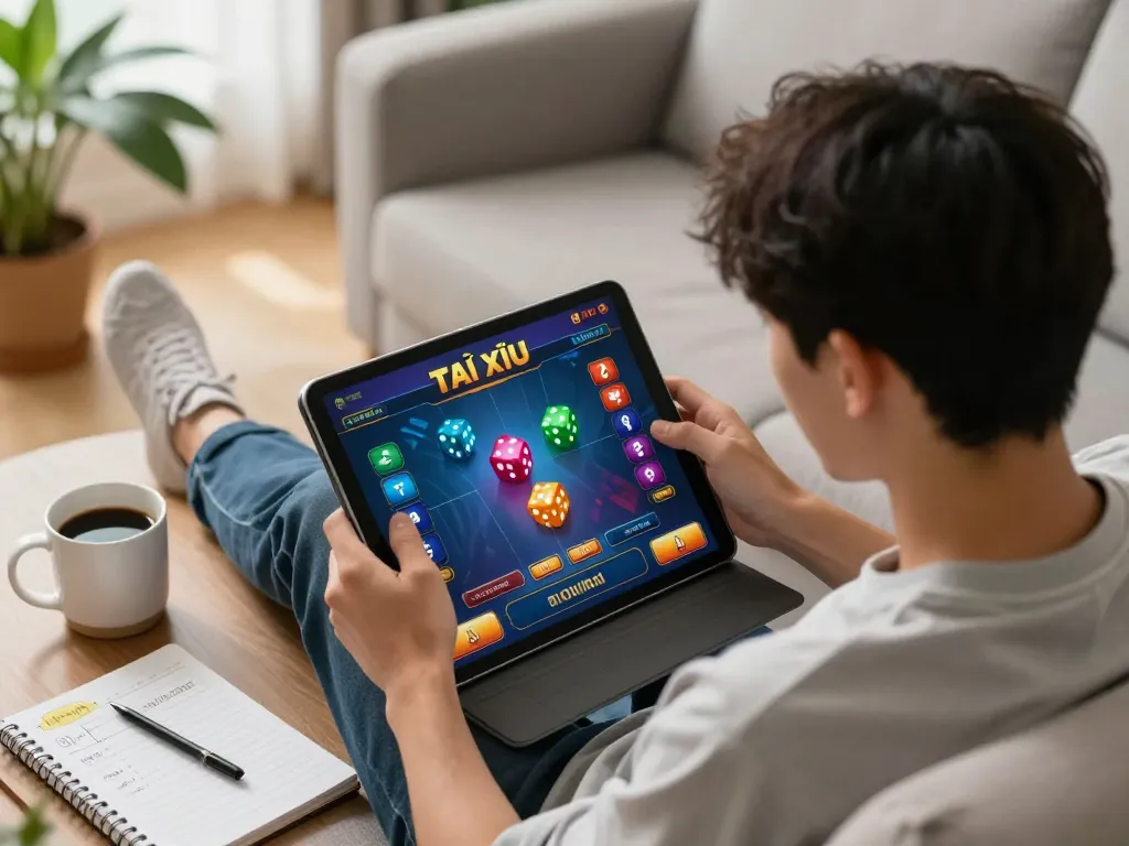 Engaging user explores tài xỉu online uy tín on a tablet in a cozy living room.
