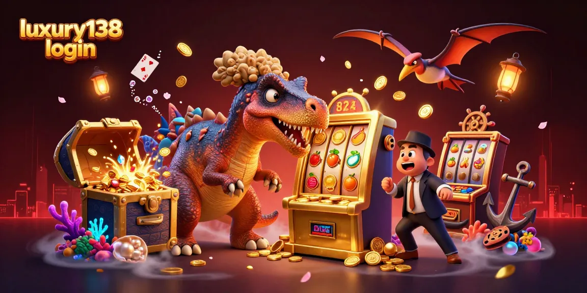Engage in exciting gameplay with luxury138 login, featuring a dinosaur and a golden slot machine amid flying coins.