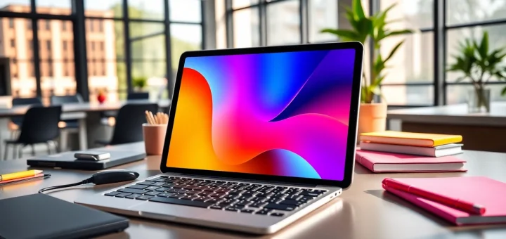 Admiring the sleek iPad Air M2 on a modern workspace with vibrant accessories.