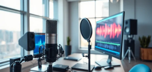 Generate lifelike AI Voice in a modern workspace with advanced audio equipment.
