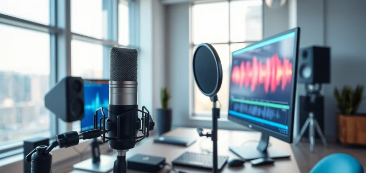 Generate lifelike AI Voice in a modern workspace with advanced audio equipment.