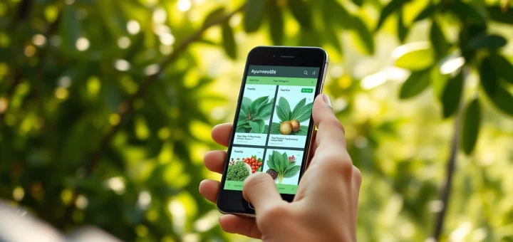 Engaging with Ayurveda Mobile App interface in a serene environment.