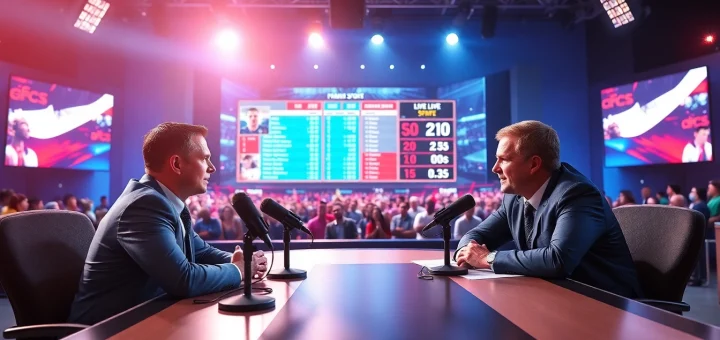 Captivating sports broadcasting scene with hosts engaging viewers during live coverage.