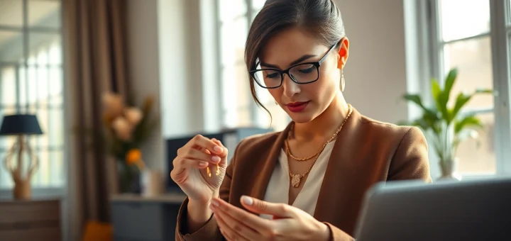 Compro oro a distanza, persona elegante esamina gioielli d'oro in un ambiente moderno e accogliente.