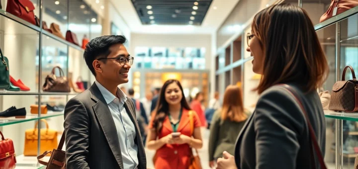 레플리카쇼핑몰에서 매력적인 고급 제품을 살펴보는 고객 모습.