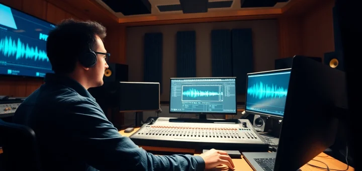 Engaging in online audio mastering through professional studio equipment and sound tools.