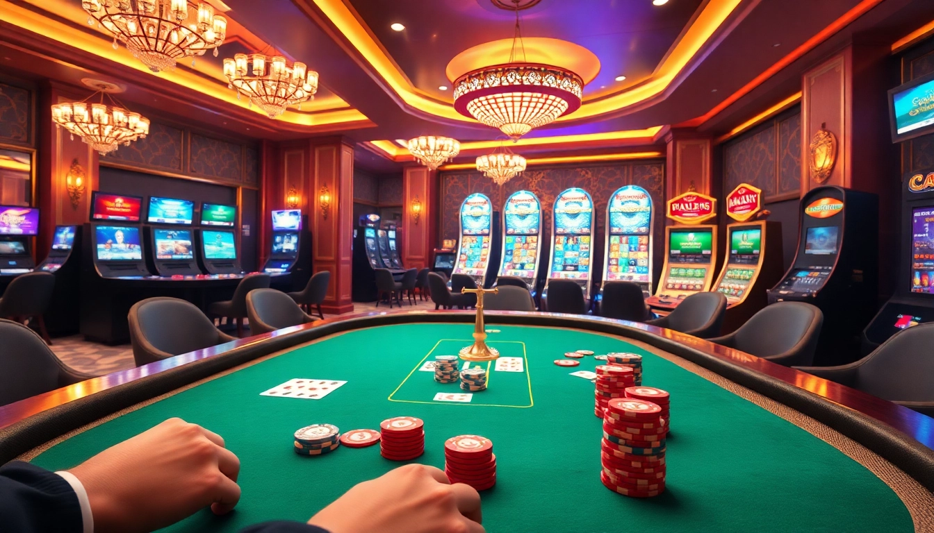 Experience the excitement of online gambling at the website UU88, featuring a luxurious casino atmosphere with poker tables and slot machines.