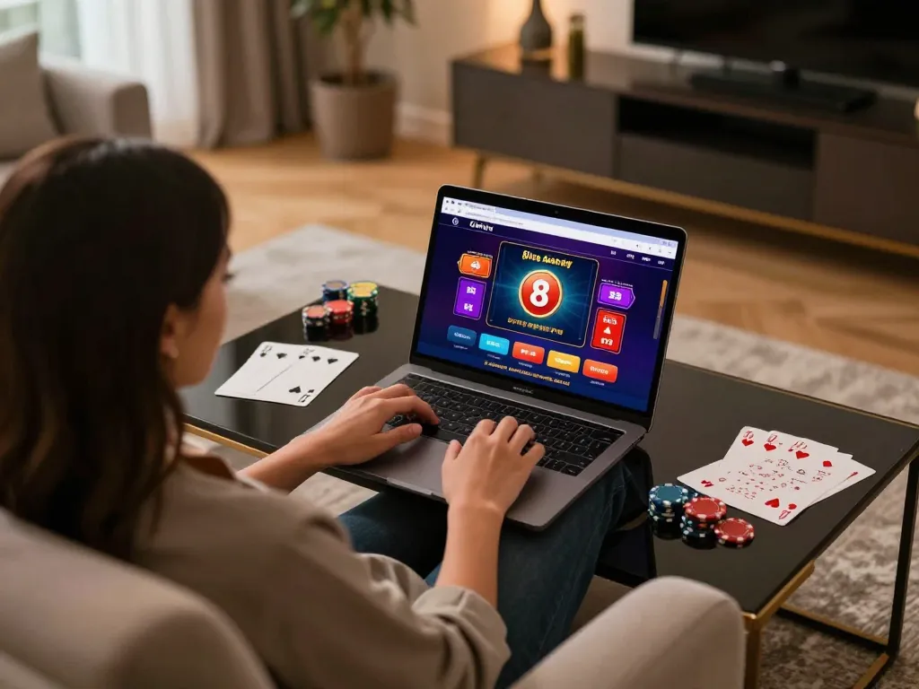 Player engaging with 8live casino in a cozy home setting, showcasing strategic online gambling.